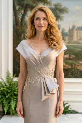 MLNY Style #2070053 V-Neck Mikado Mermaid Evening Gown with Pleated Detailing #5 frontface vertical cropped thumbnail