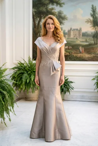 MLNY Style #2070053 V-Neck Mikado Mermaid Evening Gown with Pleated Detailing #0 default frontface vertical thumbnail
