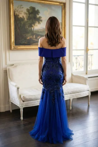 MLNY Style #2070054 Straight Neck Tulle Mermaid Evening Dress with Beaded Floral Lace #3 backface vertical thumbnail