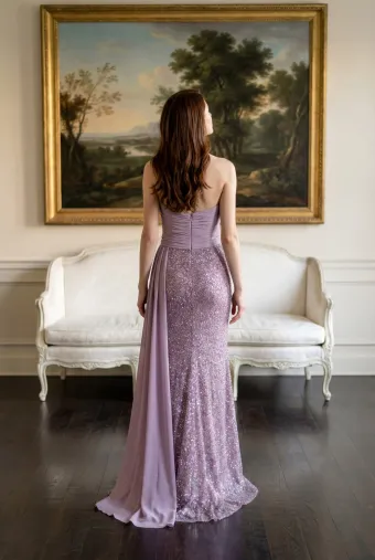 MLNY Style #2070057 Strapless Sweetheart Sequin Embroidered Evening Gown with Draped Sash #2 backface vertical thumbnail
