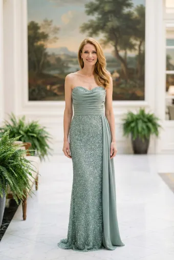 MLNY Style #2070057 Strapless Sweetheart Sequin Embroidered Evening Gown with Draped Sash #0 default frontface vertical thumbnail