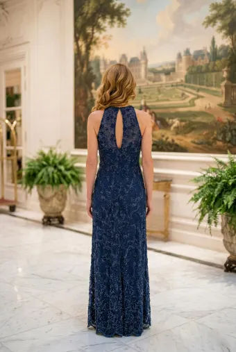 MLNY Style #2070058 Halter Neck 3D Floral Chantilly Lace Evening Gown #2 backface vertical thumbnail