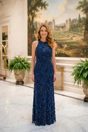 MLNY Style #2070058 Halter Neck 3D Floral Chantilly Lace Evening Gown #1 frontface vertical thumbnail