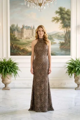 MLNY Style #2070059 Collar Halter Sequin Floral Embroidered Tulle Evening Gown #0 default frontface vertical thumbnail