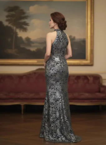 MLNY Style #2070059 Collar Halter Sequin Floral Embroidered Tulle Evening Gown #2 default backface vertical thumbnail