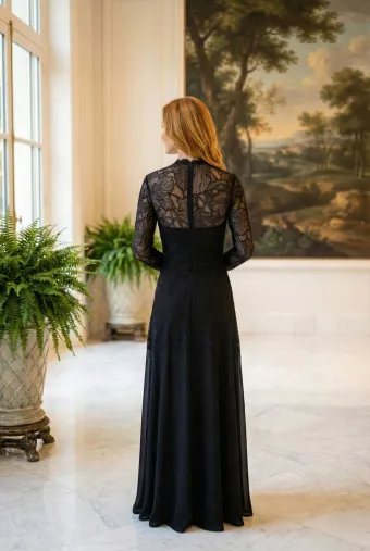 MLNY Style #2070060 Lace Long Sleeve A-Line Evening Gown with Crepe Skirt #2 backface vertical thumbnail