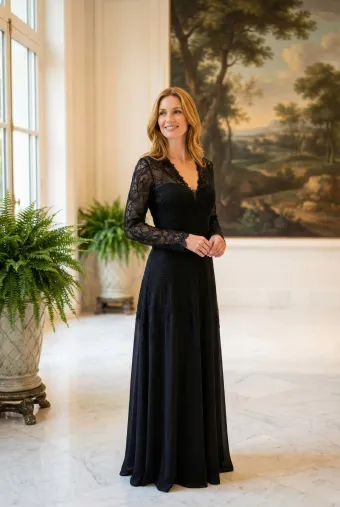 MLNY Style #2070060 Lace Long Sleeve A-Line Evening Gown with Crepe Skirt #1 frontface vertical thumbnail