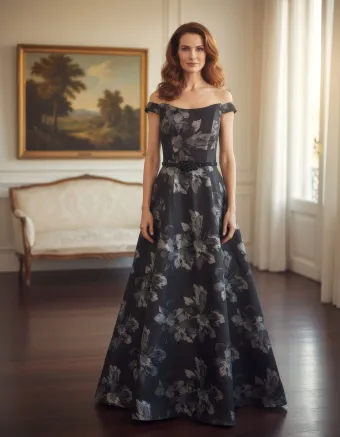 MLNY Style #2070064 Metallic Brocade A-line Evening Gown with Detachable Beaded Belt #0 default frontface vertical thumbnail