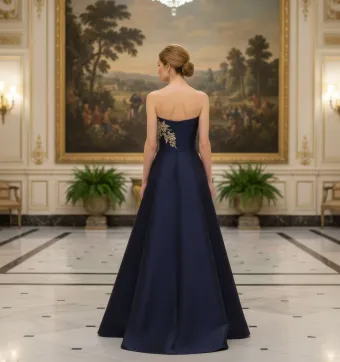 MLNY Style #2070066 Metallic Floral Threadwork Strapless Faille Ball Gown Evening Gown #1 default backface vertical thumbnail