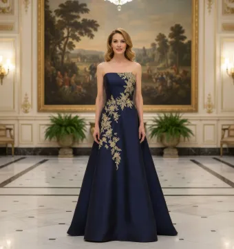 MLNY Style #2070066 Metallic Floral Threadwork Strapless Faille Ball Gown Evening Gown #0 default frontface vertical thumbnail