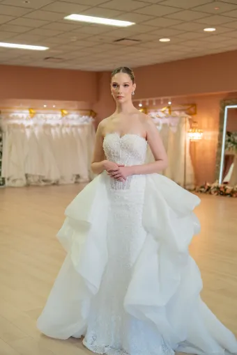 Jana Ann Couture Style #26034 Beaded, Chantilly Lace Fit And Flare With Deep Basque Waist And Detachable Overskirt #1 frontface vertical thumbnail