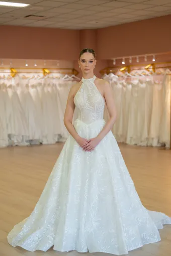 Jana Ann Couture Style #26091 Halter Jacquard A-Line With Basque Waist And Open Back #3 frontface vertical thumbnail