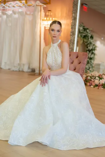 Jana Ann Couture Style #26091 Halter Jacquard A-Line With Basque Waist And Open Back #1 frontface vertical thumbnail