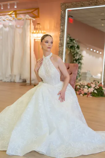 Jana Ann Couture Style #26091 Halter Jacquard A-Line With Basque Waist And Open Back #2 frontface vertical thumbnail