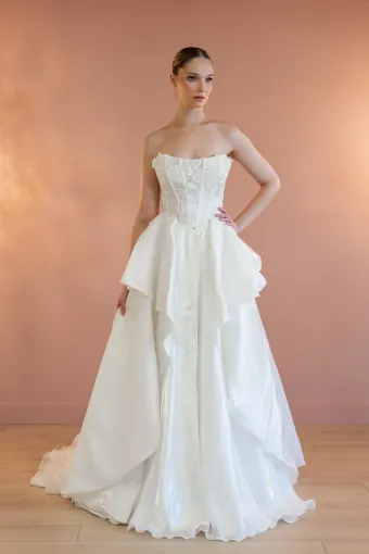 Jana Ann Couture Style #26104 Strapless Lace Corset Ballgown With Tiered Organza Skirt #1 frontface vertical thumbnail