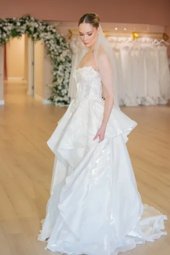 Jana Ann Couture Style #26104 Strapless Lace Corset Ballgown With Tiered Organza Skirt #2 frontface vertical thumbnail