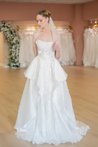 Jana Ann Couture Style #26104 Strapless Lace Corset Ballgown With Tiered Organza Skirt #0 default frontface vertical thumbnail