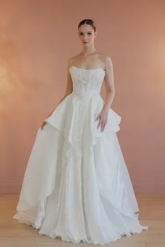 Jana Ann Couture Style #26104 Strapless Lace Corset Ballgown With Tiered Organza Skirt #3 frontface vertical thumbnail
