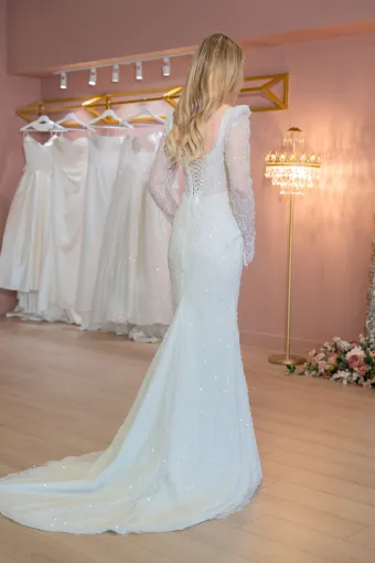 Jana Ann Couture Style #26109 Beaded Chantilly Lace Sheet Gown With Lace Long Sleeves And Sheer Corset Bodice #2 default backface vertical thumbnail