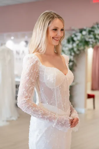 Jana Ann Couture Style #26109 Beaded Chantilly Lace Sheet Gown With Lace Long Sleeves And Sheer Corset Bodice #3 frontface vertical cropped thumbnail