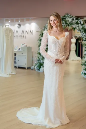 Jana Ann Couture Style #26109 Beaded Chantilly Lace Sheet Gown With Lace Long Sleeves And Sheer Corset Bodice #1 frontface vertical thumbnail