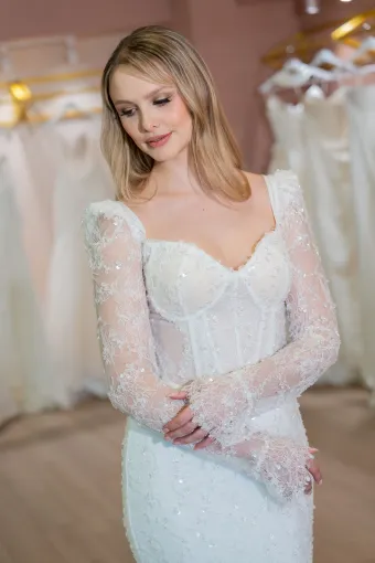 Jana Ann Couture Style #26109 Beaded Chantilly Lace Sheet Gown With Lace Long Sleeves And Sheer Corset Bodice #4 frontface vertical cropped thumbnail