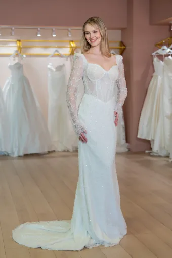 Jana Ann Couture Style #26109 Beaded Chantilly Lace Sheet Gown With Lace Long Sleeves And Sheer Corset Bodice #0 default frontface vertical thumbnail