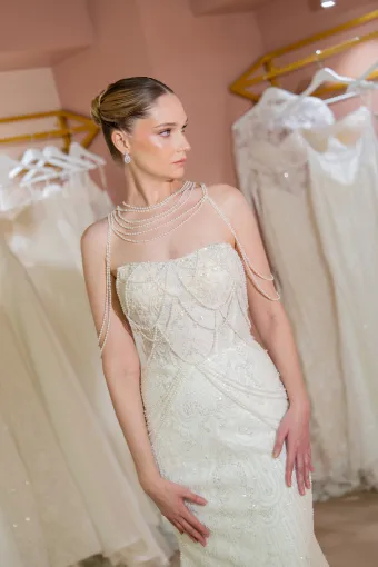 Jana Ann Couture Style #26117 Fully Hand-Beaded, Vintage Fit And Flare With Chandelier Strings Of Pearls #2 frontface vertical cropped thumbnail