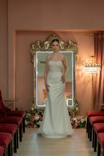 Jana Ann Couture Style #26117 Fully Hand-Beaded, Vintage Fit And Flare With Chandelier Strings Of Pearls #1 frontface vertical thumbnail