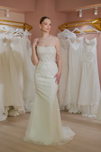 Jana Ann Couture Style #26117 Fully Hand-Beaded, Vintage Fit And Flare With Chandelier Strings Of Pearls #0 default frontface vertical thumbnail