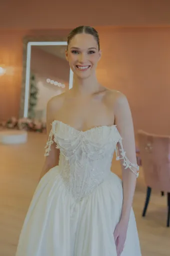 Jana Ann Couture Style #26178 Enchanting Off-The-Shoulder Ballgown With Cascading Pearl Drapes #2 frontface vertical cropped thumbnail