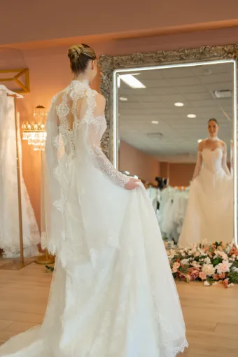 Jana Ann Couture Style #26180 Ethereal Chantilly Lace Gown With Dramatic High-Neck Lace Cape #1 default backface vertical thumbnail