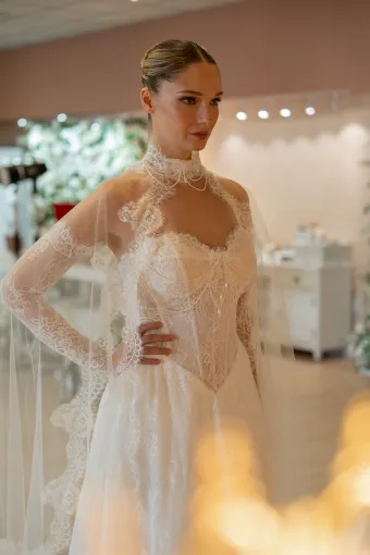 Jana Ann Couture Style #26180 Ethereal Chantilly Lace Gown With Dramatic High-Neck Lace Cape #3 frontface vertical cropped thumbnail