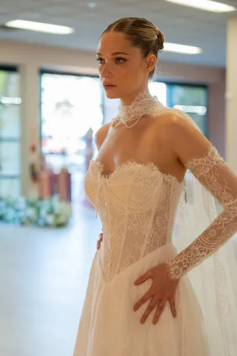 Jana Ann Couture Style #26180 Ethereal Chantilly Lace Gown With Dramatic High-Neck Lace Cape #2 frontface vertical cropped thumbnail