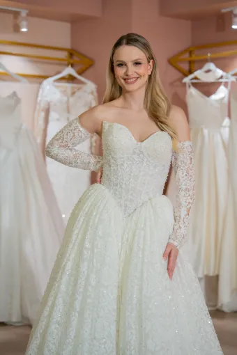 Jana Ann Couture Style #26190 Whimsical Beaded Lace Ballgown With Sweetheart Bodice And Detachable Sleeves #2 frontface vertical cropped thumbnail