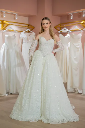 Jana Ann Couture Style #26190 Whimsical Beaded Lace Ballgown With Sweetheart Bodice And Detachable Sleeves #1 frontface vertical thumbnail