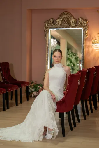 Jana Ann Couture Style #26197 Timeless High Halter Lace Gown With A Graceful Flared Train #5 frontface vertical thumbnail