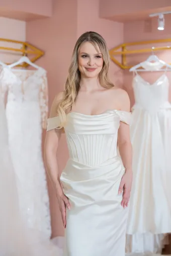 Jana Ann Couture Style #26202 Off-The-Shoulder Satin Gown With Sculpted Corset And Draped Skirt #4 frontface vertical cropped thumbnail