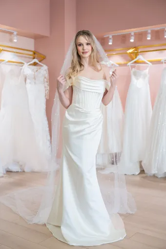 Jana Ann Couture Style #26202 Off-The-Shoulder Satin Gown With Sculpted Corset And Draped Skirt #0 default frontface vertical thumbnail
