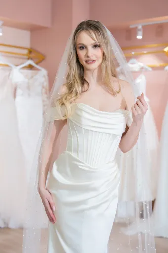 Jana Ann Couture Style #26202 Off-The-Shoulder Satin Gown With Sculpted Corset And Draped Skirt #5 frontface vertical cropped thumbnail