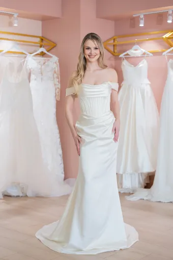 Jana Ann Couture Style #26202 Off-The-Shoulder Satin Gown With Sculpted Corset And Draped Skirt #1 frontface vertical thumbnail
