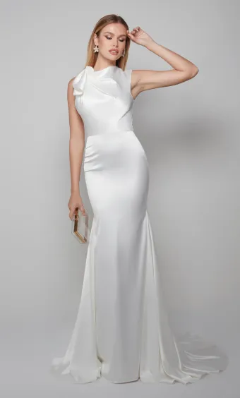 Alyce Paris 7067  High Neck Trumpet Wedding Dress with Bow Detail #6 frontface vertical thumbnail