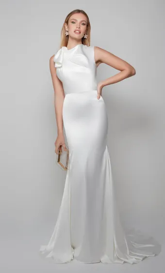 Alyce Paris 7067  High Neck Trumpet Wedding Dress with Bow Detail #1 frontface vertical thumbnail
