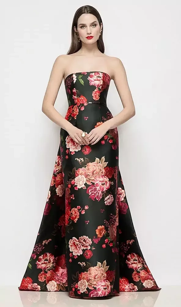 Alfred Sung D876FDV Strapless Fleur de Ville Satin Column Dress with Removable Watteau Train