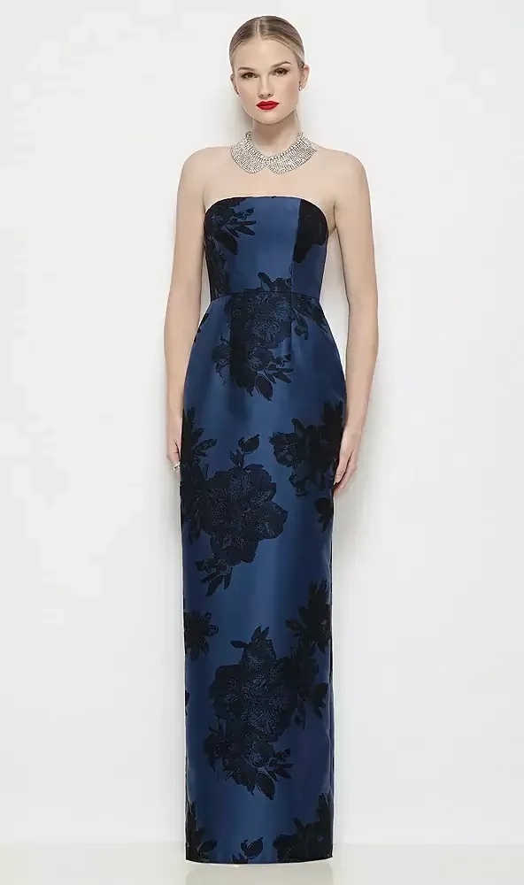 Alfred Sung D877FFT Strapless Flocked Floral Satin Column Dress with Back Slit