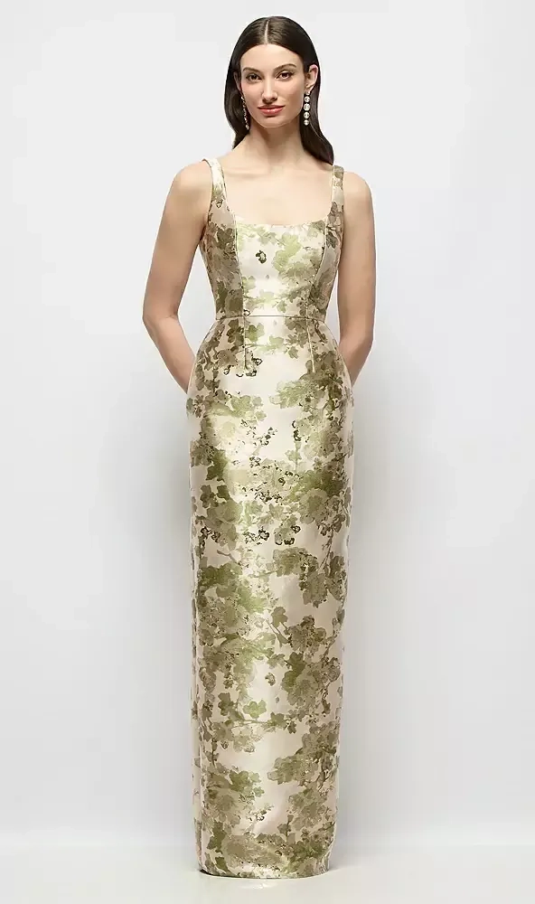 formal alfred sung dresses D895AFJ Scoop Neck Abstract Floral Jacquard Column Maxi Dress with Bow Empire Waist long halter dress formal
