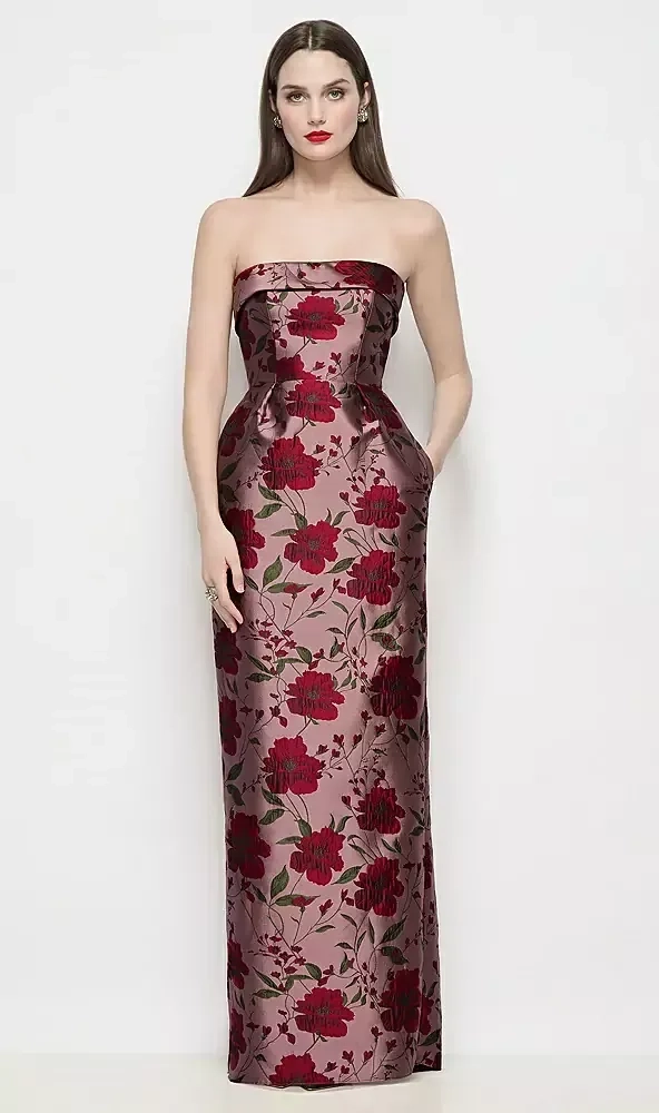 Alfred Sung D897WRB Strapless Cuff Neck Wild Rose Brocade Maxi Dress with Column Skirt
