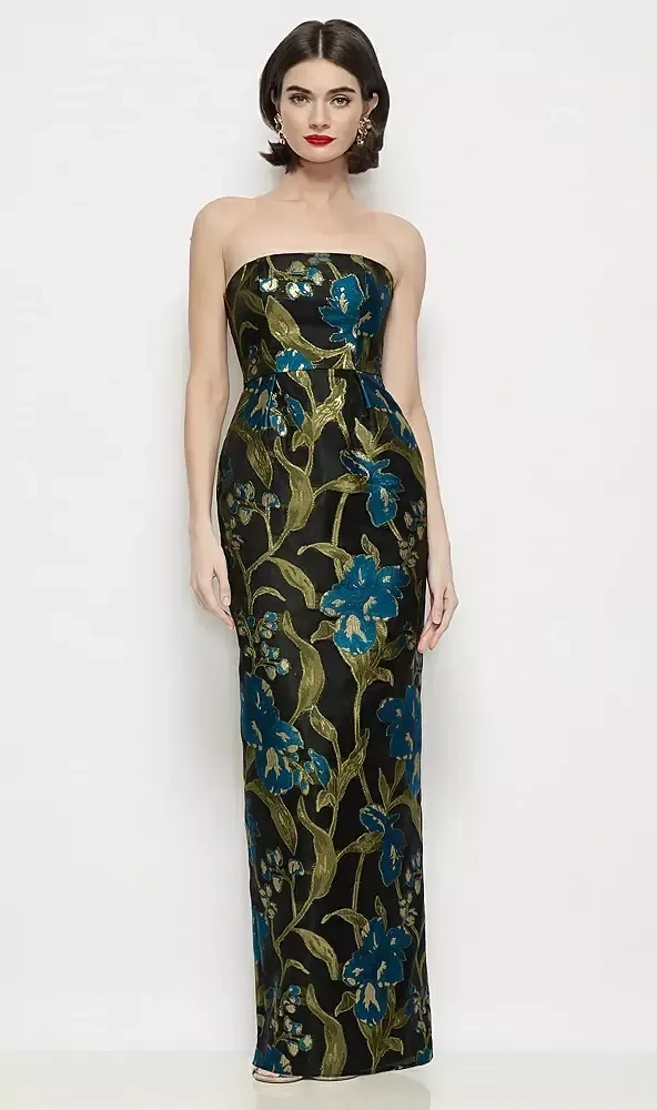 alfred sung green dress D901LOJ Strapless Luna Organza Jacquard Floral Maxi with Pleated Column Skirt brunch outfit