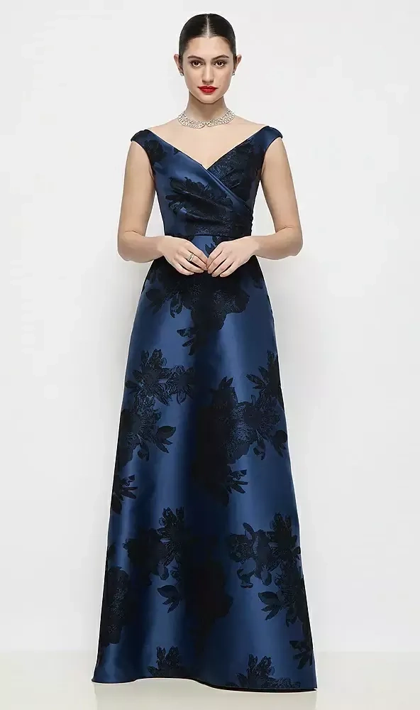 Alfred Sung D902FFT Off-the-Shoulder Pleated Crossover Flocked Floral Satin A-Line Maxi Dress