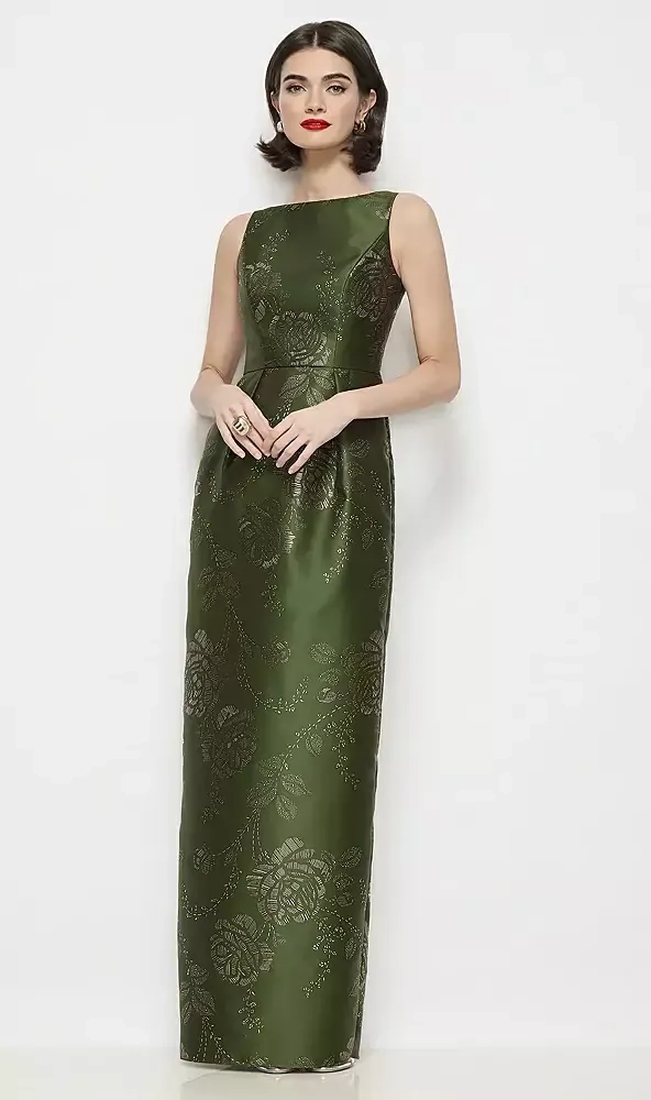 alfred sung green dress D903EGF Bateau Neck Embossed Gilt Floral Satin Maxi with Pleated Column Skirt cocktail dress code